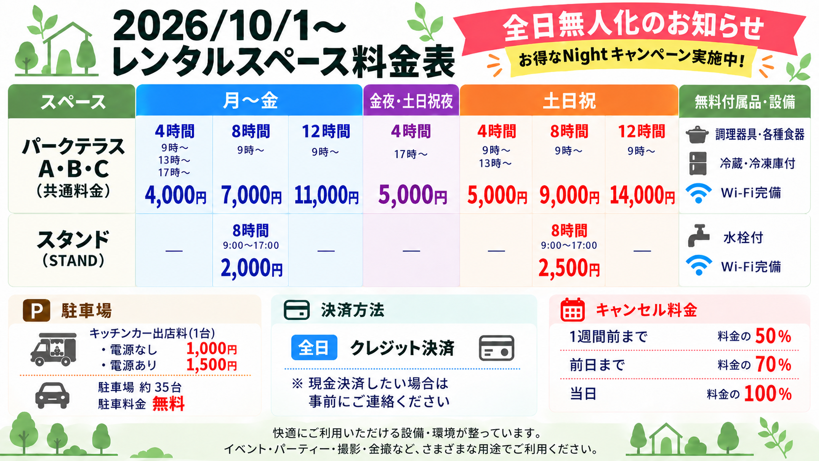 2026年10月1日からのレンタルスペース料金表